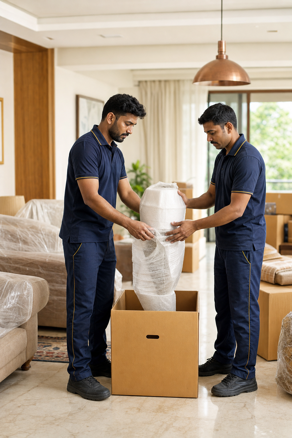 Professional Indian moving team preparing household belongings