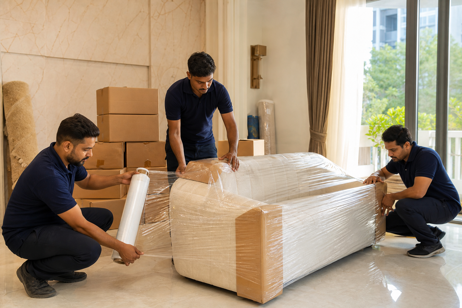 Professional movers carefully wrapping a sofa