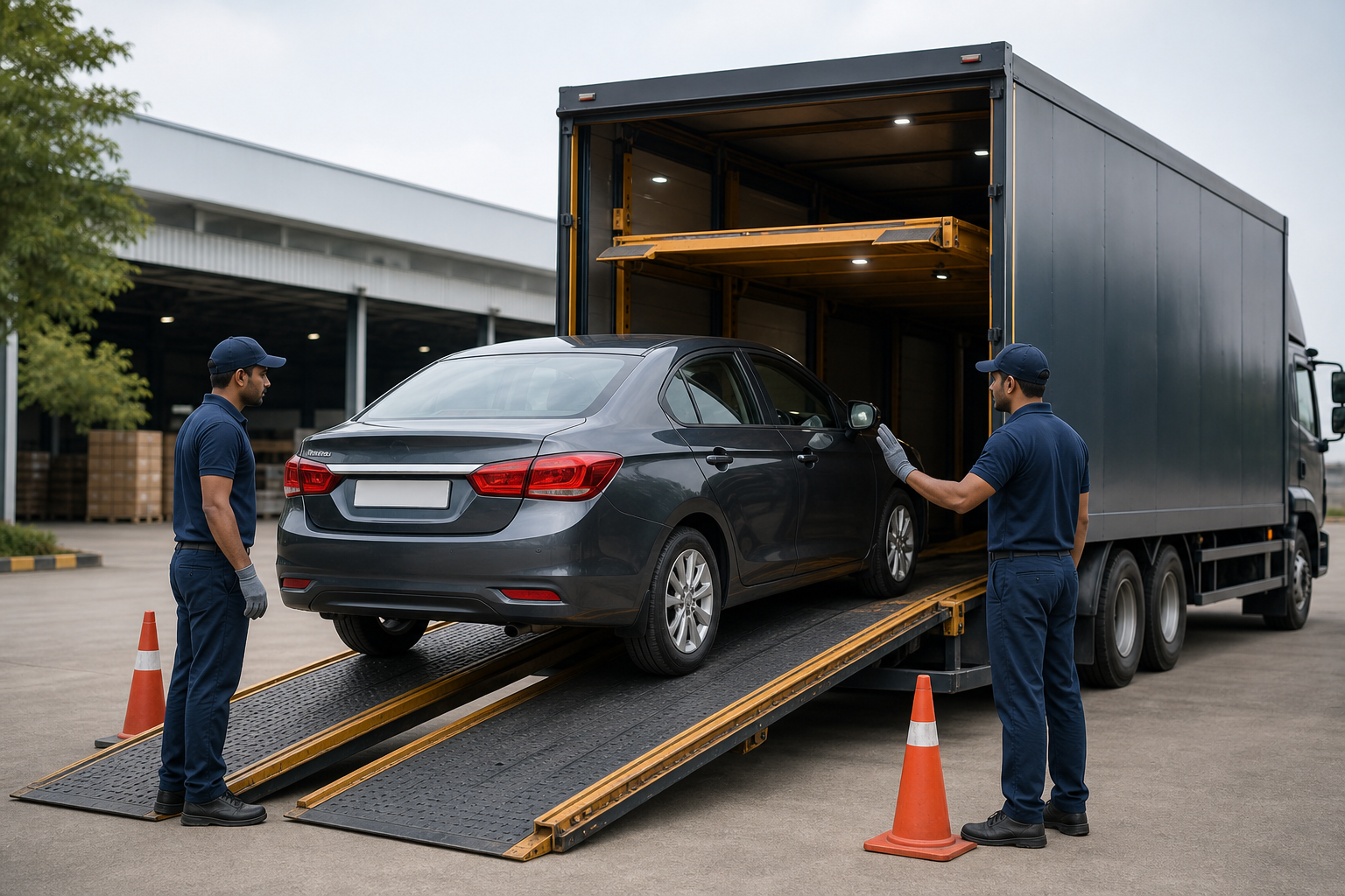 Car being transported in an enclosed carrier