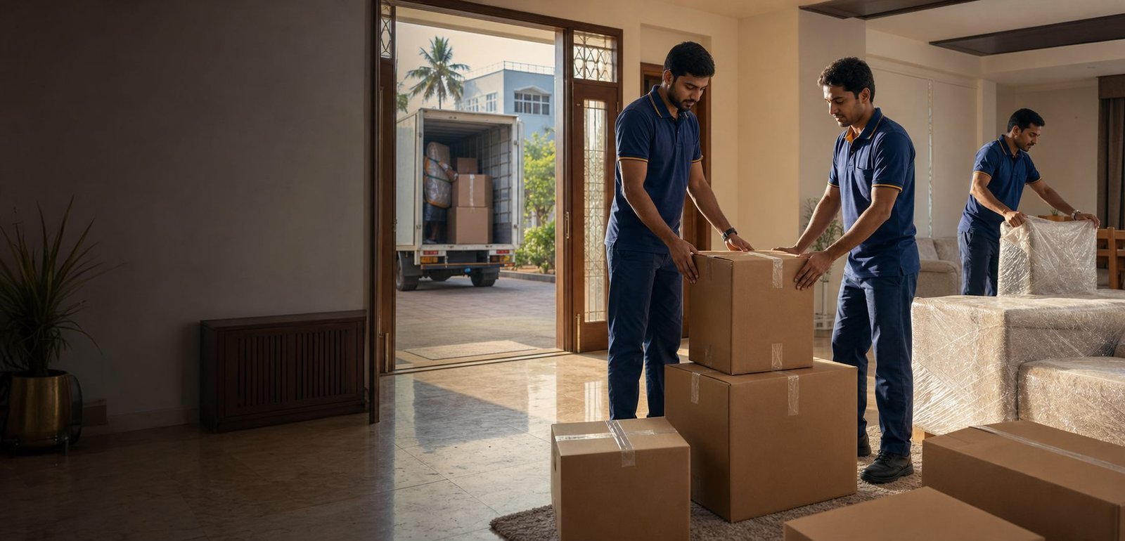 Sahastra moving team with a packed relocation box