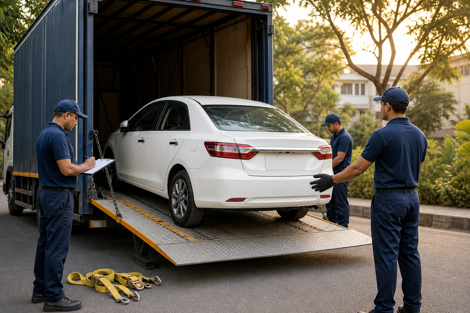 Professional vehicle transport team loading a family car